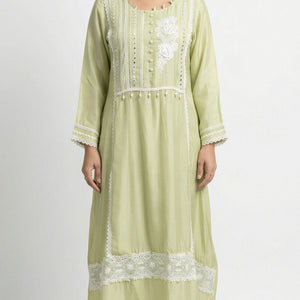 Green Muslin Cotton Suit Set with Mirror & Lace Detailing