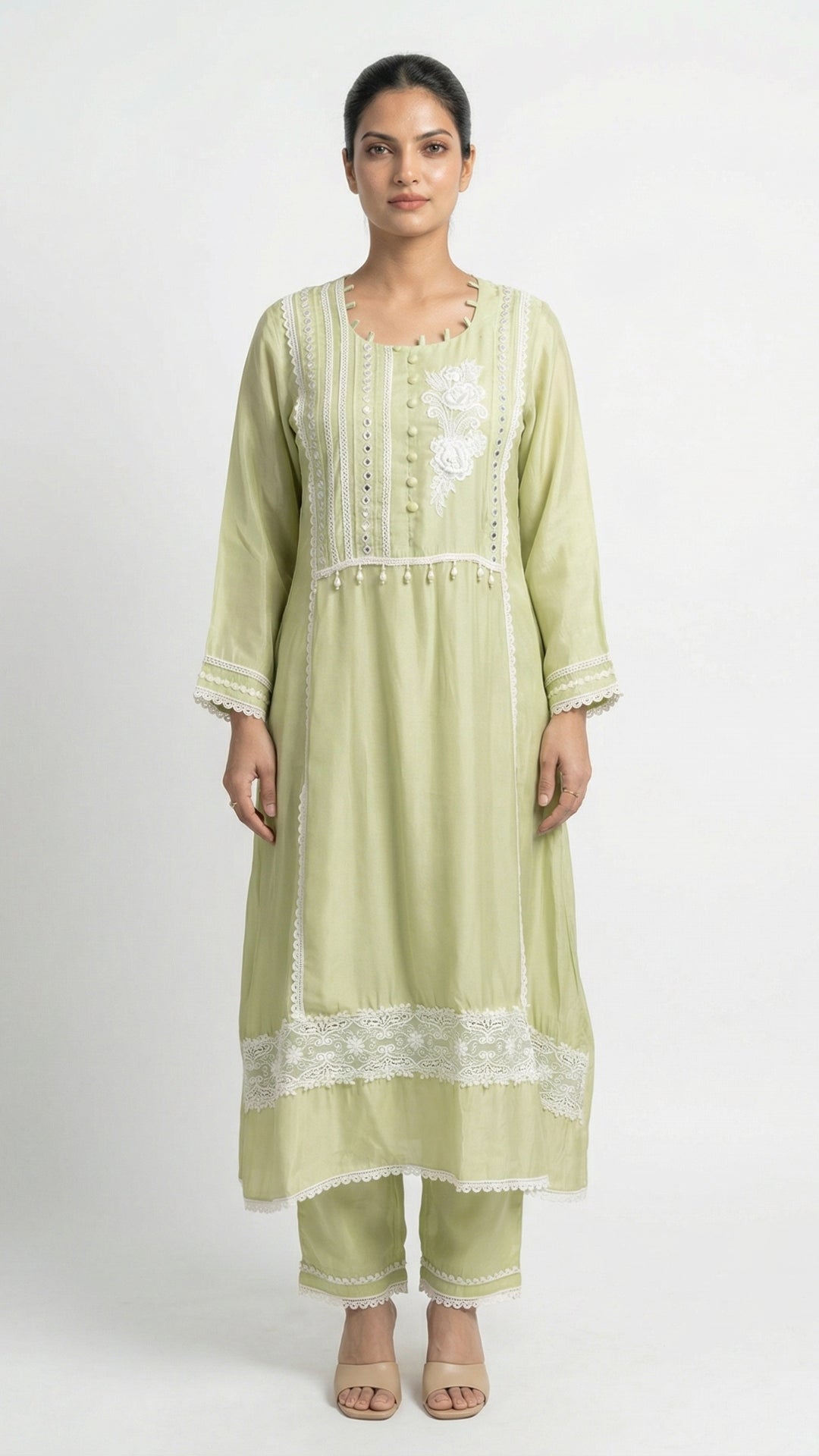 Green Muslin Cotton Suit Set with Mirror & Lace Detailing