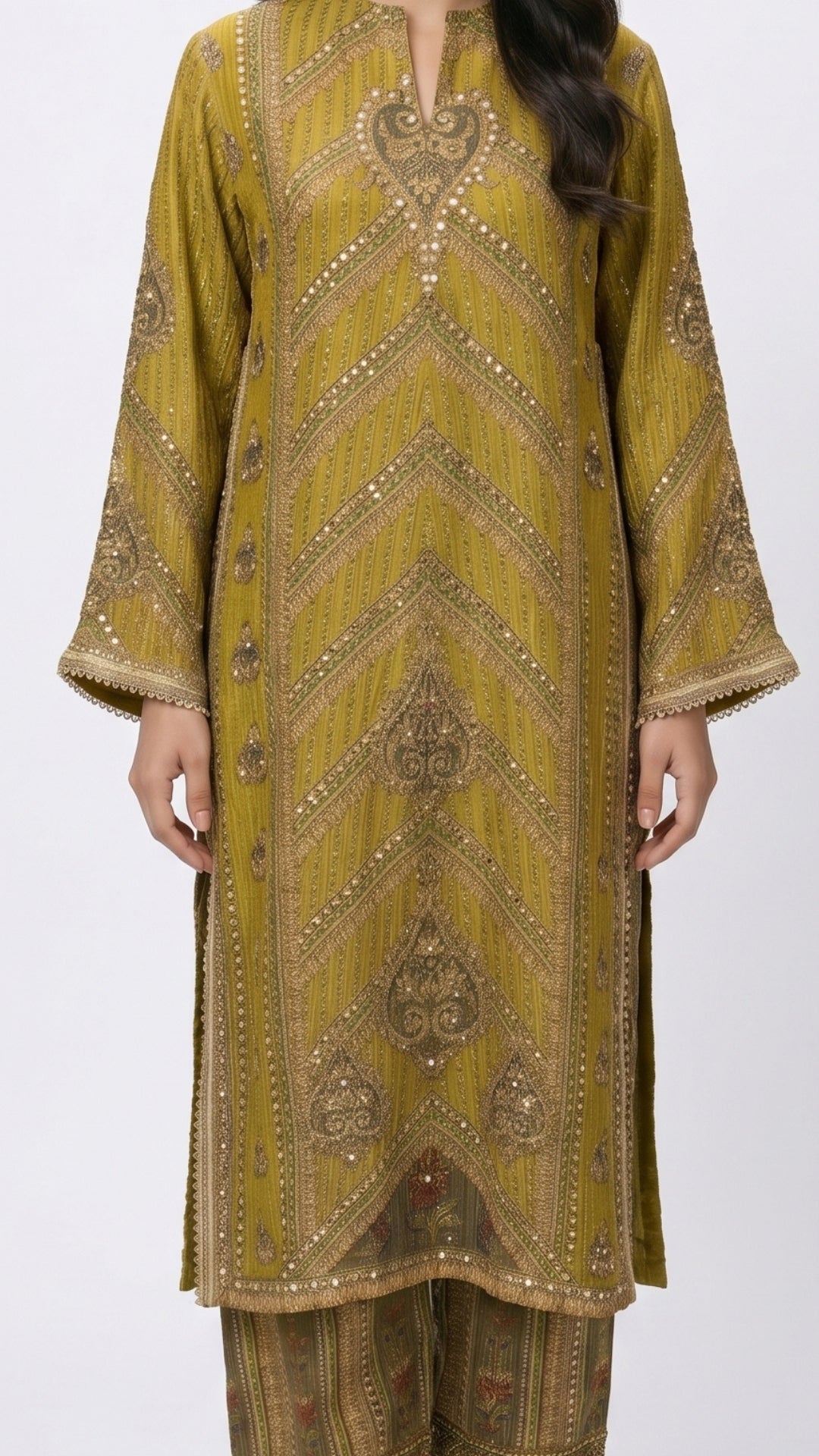 Green Tissue with Digital Print, Moti & Stone Work Indo Western