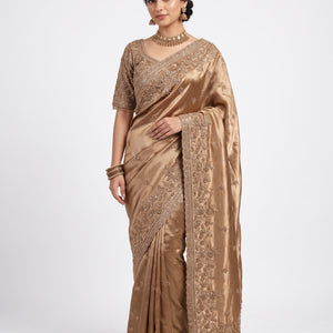 Golden Tissue Saree Embellished With Cutdana, Sequins, Pearl & Zari Work