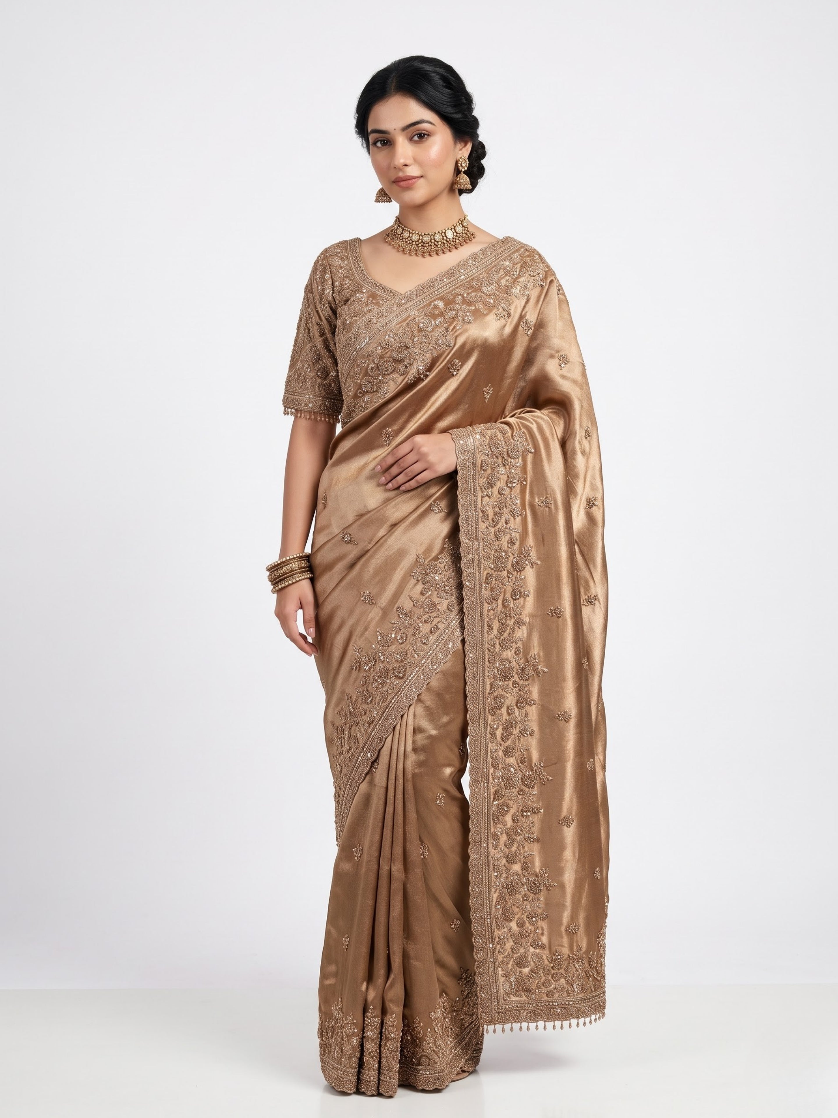 Golden Tissue Saree Embellished With Cutdana, Sequins, Pearl & Zari Work