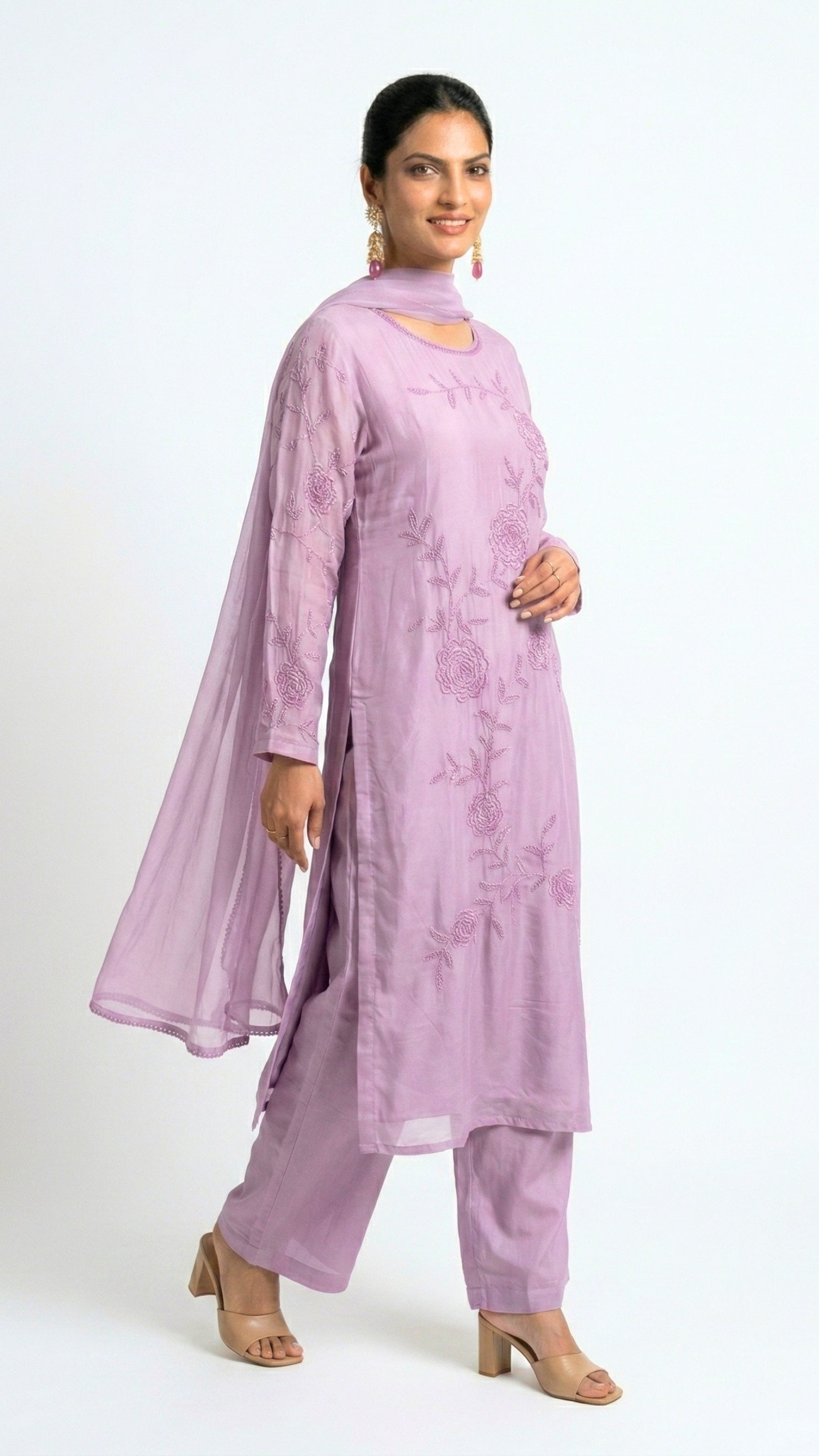 Muted Pastel Pink Organza Suit with Sequins, Cutdana & Moti Detailing