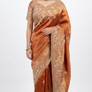 Rust Tissue Saree Embellished With Sequins, Moti & Cut Dana Work