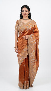 Rust Tissue Saree Embellished With Sequins, Moti & Cut Dana Work