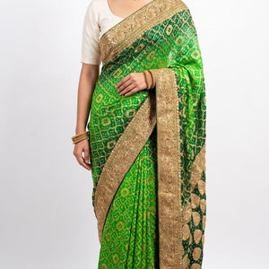 Green Pure Georgette Bandhej Unstitched Saree with Gota, Dabka & Dori Work