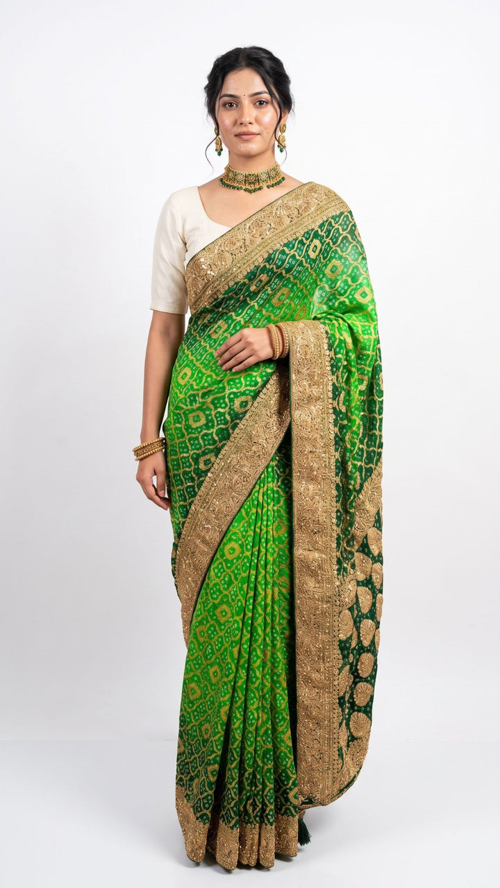 Green Pure Georgette Bandhej Unstitched Saree with Gota, Dabka & Dori Work