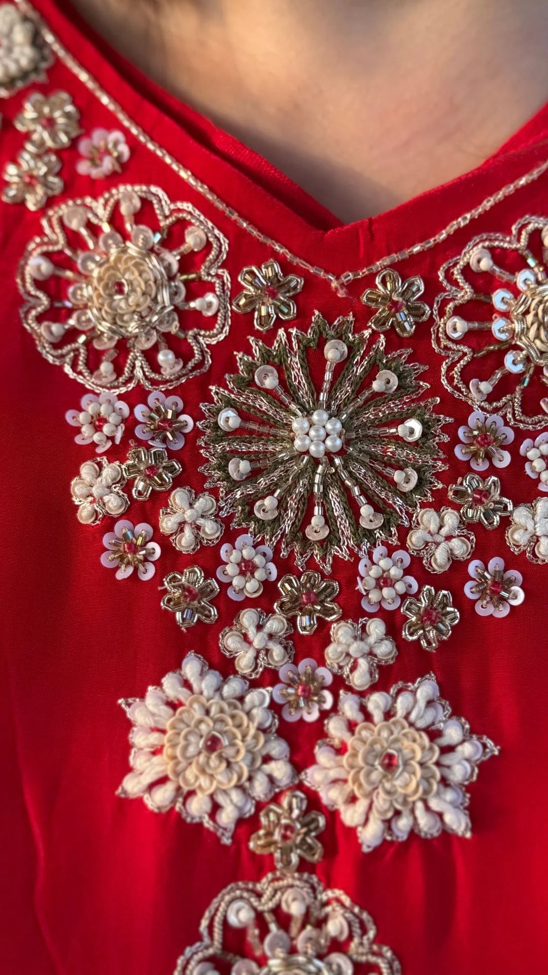 Red Crepe Embroidered Kaftan with Salwar