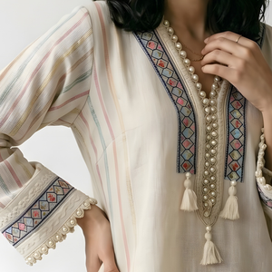 Cotton Jute Coord Set with Intricate Moti and Lace Work