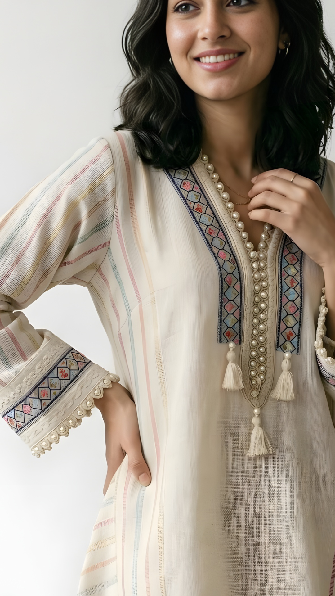 Cotton Jute Coord Set with Intricate Moti and Lace Work