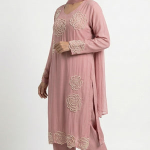 Peach Soft Organza Suit with Moti & Cutdana Detailing