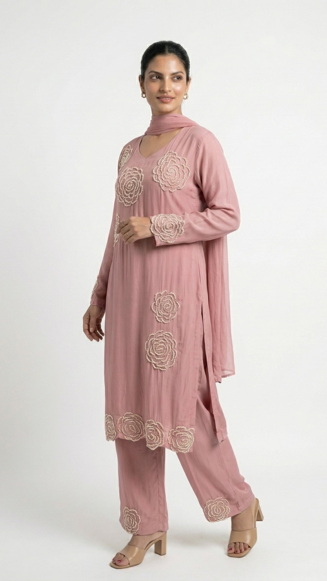 Peach Soft Organza Suit with Moti & Cutdana Detailing