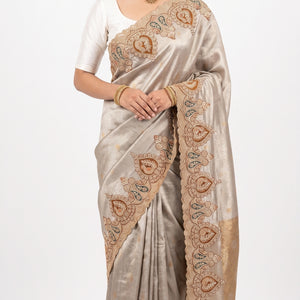 Golden Ivory Tissue Unstitched Saree with Zardozi, Pearl, Sequins & Dabka Work
