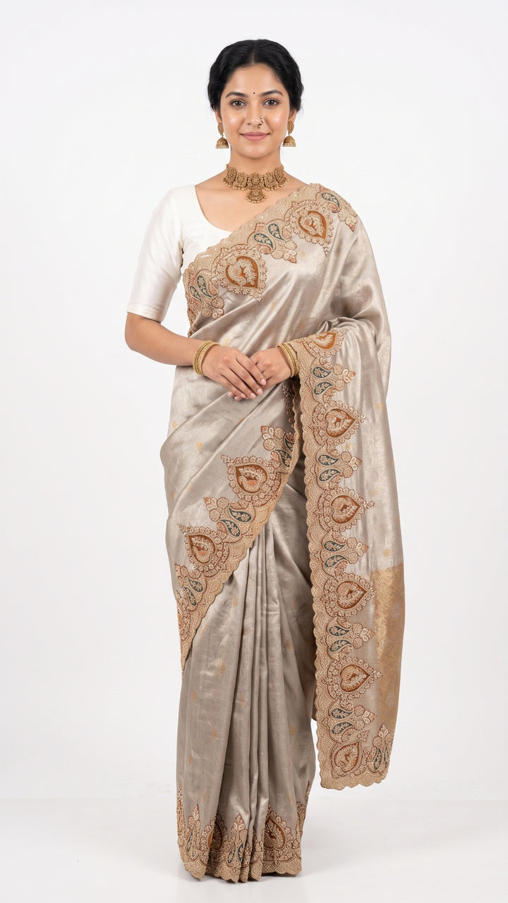 Golden Ivory Tissue Unstitched Saree with Zardozi, Pearl, Sequins & Dabka Work