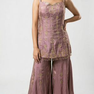 Tissue Crepe Indowestern Top,Bottom and Dupatta with Cutdana and Sequins Work