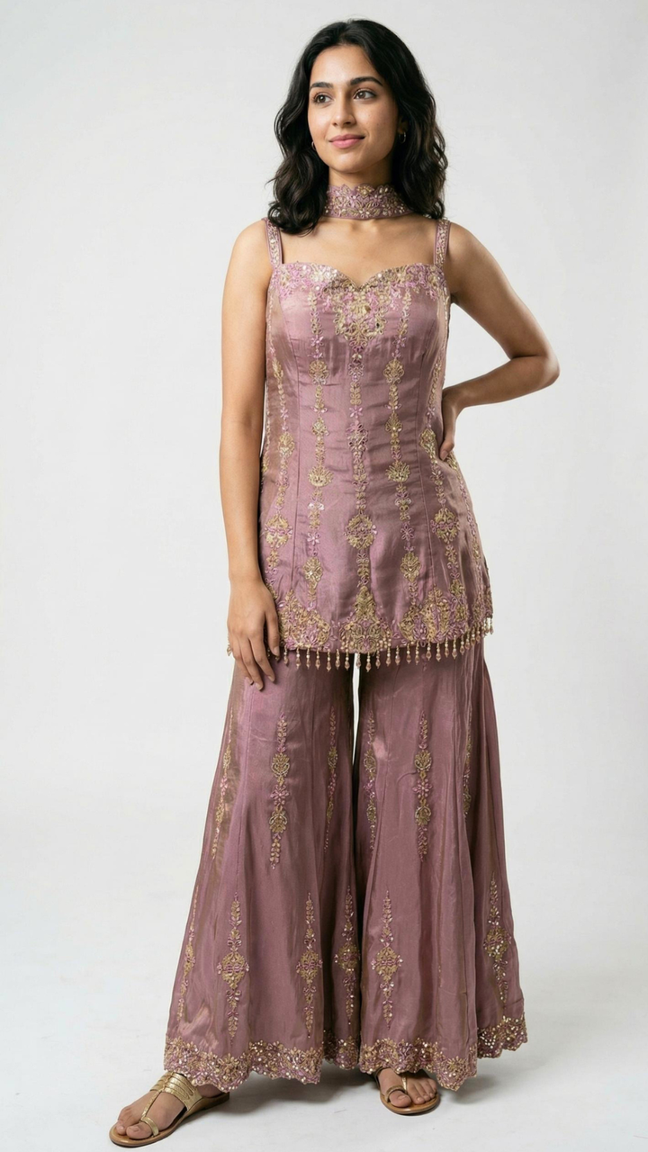 Tissue Crepe Indowestern Top,Bottom and Dupatta with Cutdana and Sequins Work