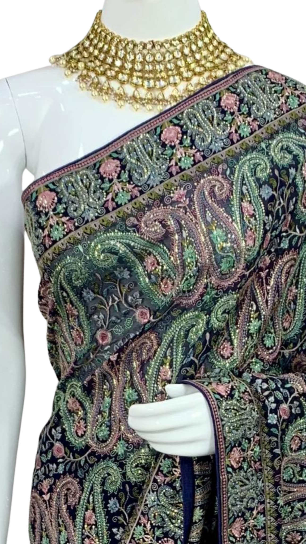 Navy Blue Georgette Saree with Unstitched Blouse and Kashmiri Work