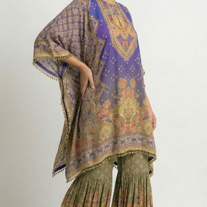 Purple Muslin Crepe Coord Set with Digital Print, Pearl & Mirror Detailing