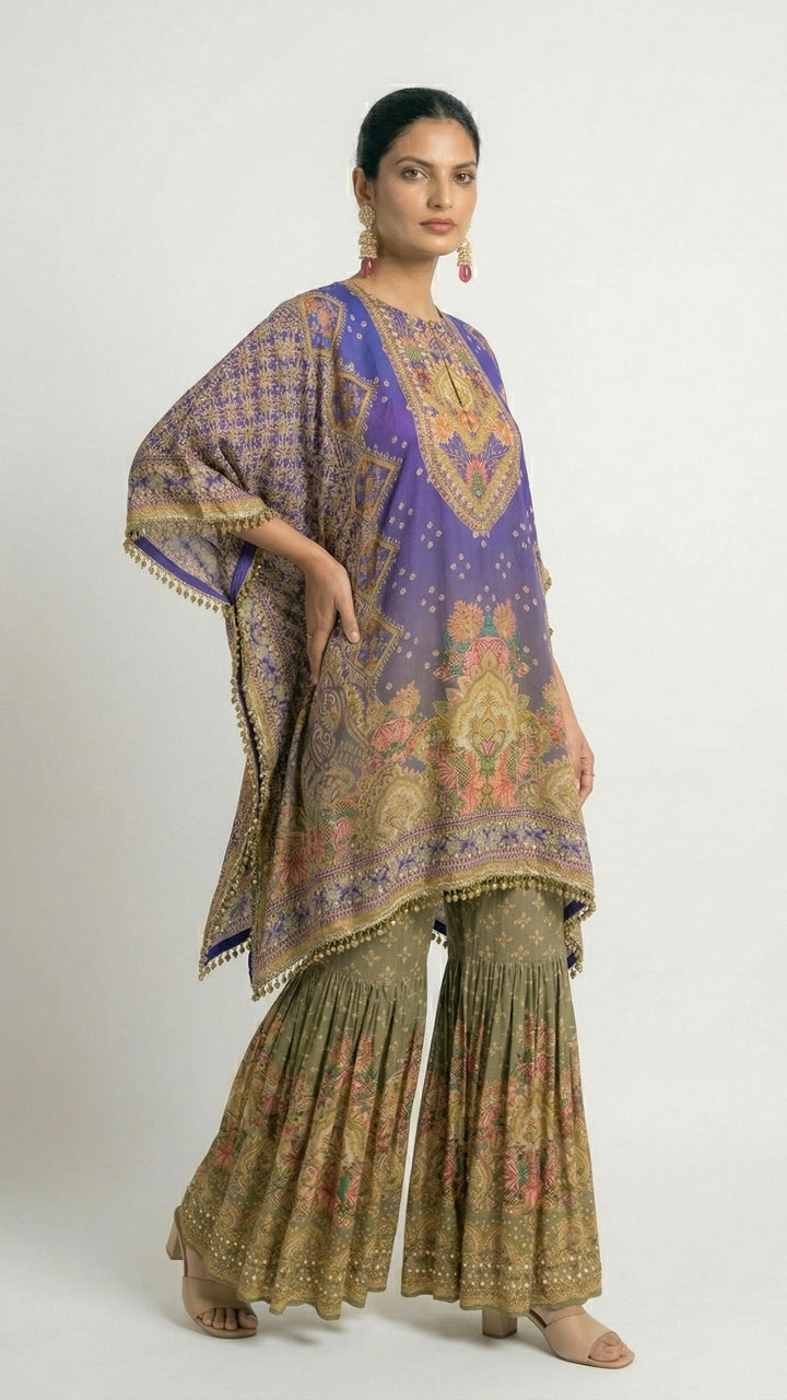 Purple Muslin Crepe Coord Set with Digital Print, Pearl & Mirror Detailing