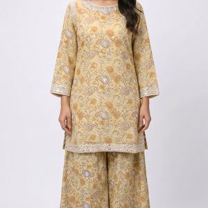 Yellow Digital Printed Cotton Suit With Thread & Patti Work