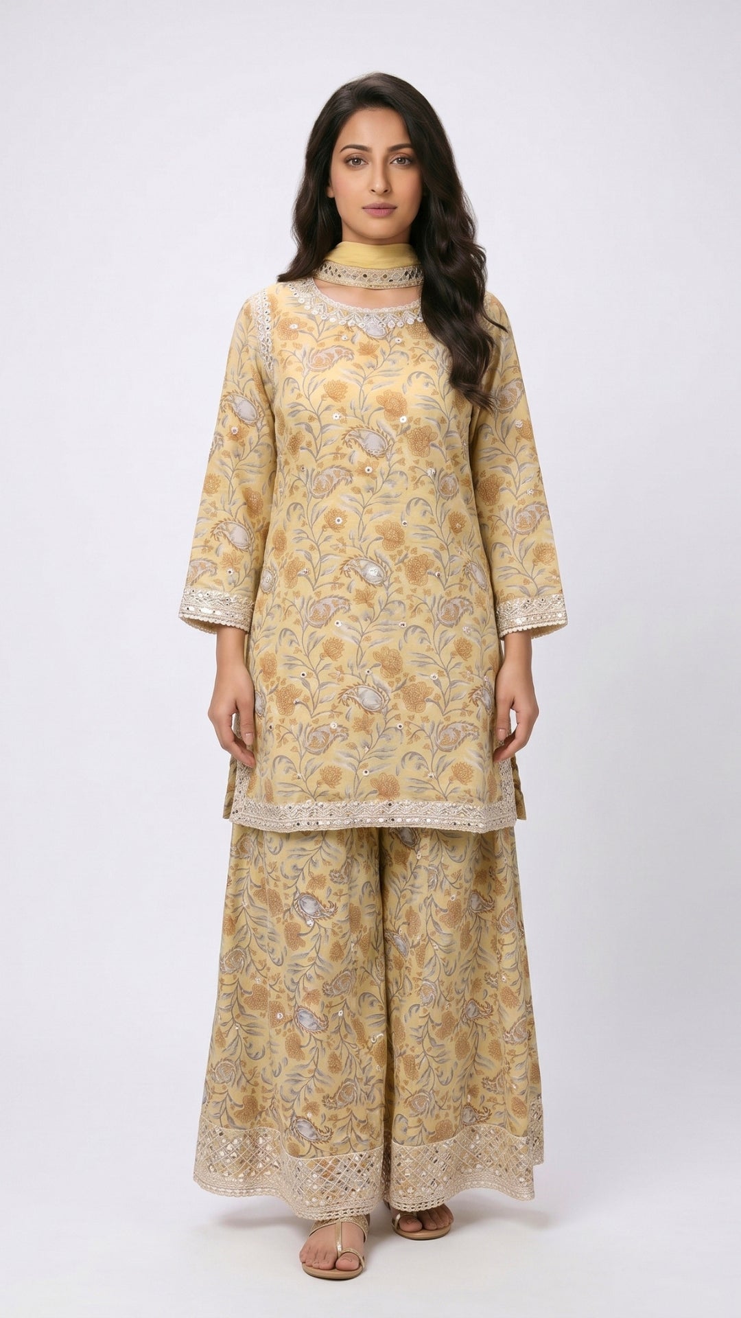 Yellow Digital Printed Cotton Suit With Thread & Patti Work