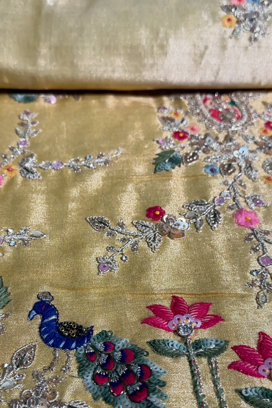 Yellow Tissue Unstitched Saree With Zari, Thread & Sequins Work