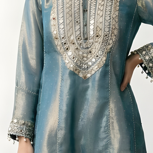 Blue Crushed Tissue Indowestern with Cutdana, Moti, Dabka and Mirror Work