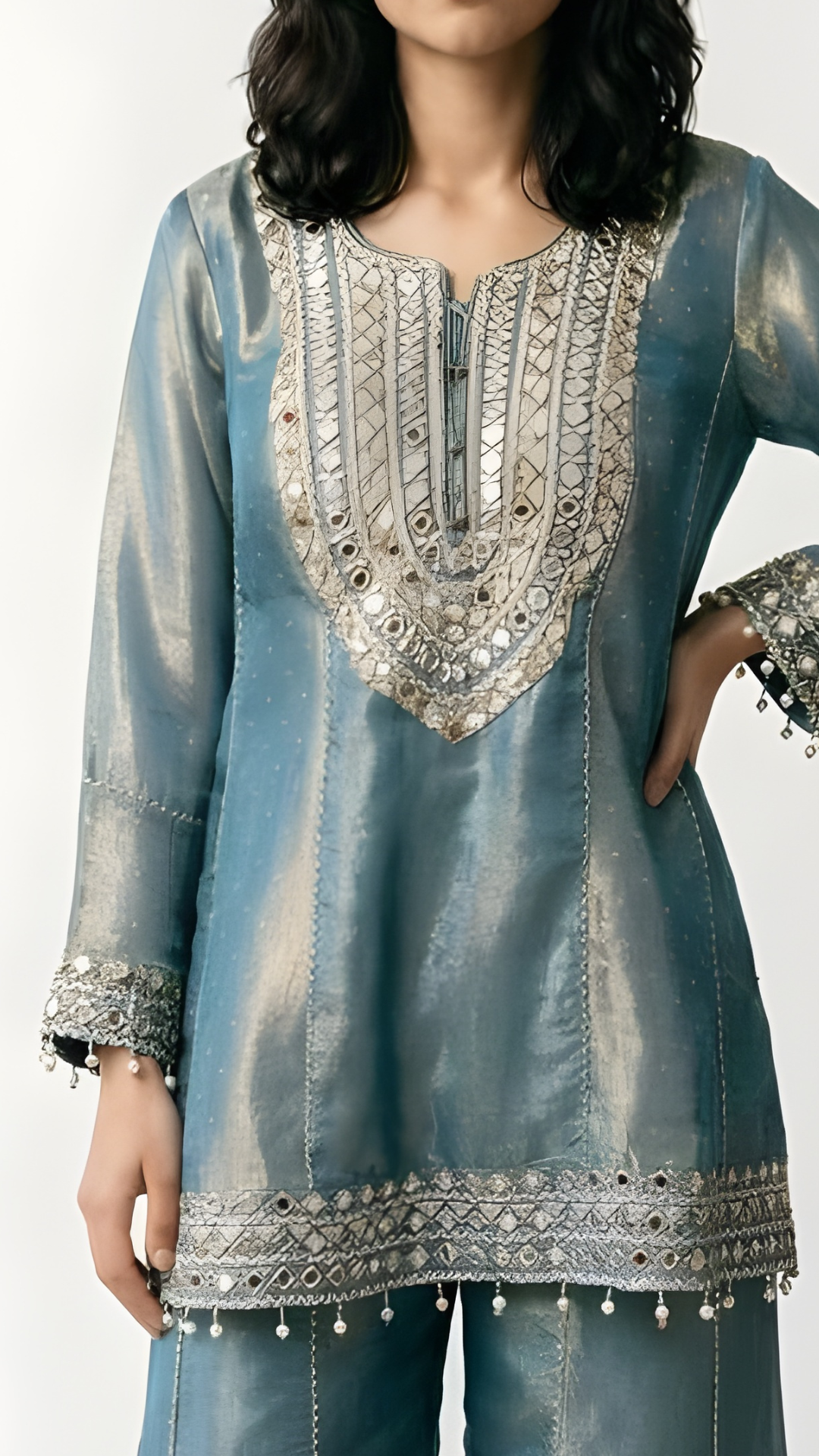 Blue Crushed Tissue Indowestern with Cutdana, Moti, Dabka and Mirror Work