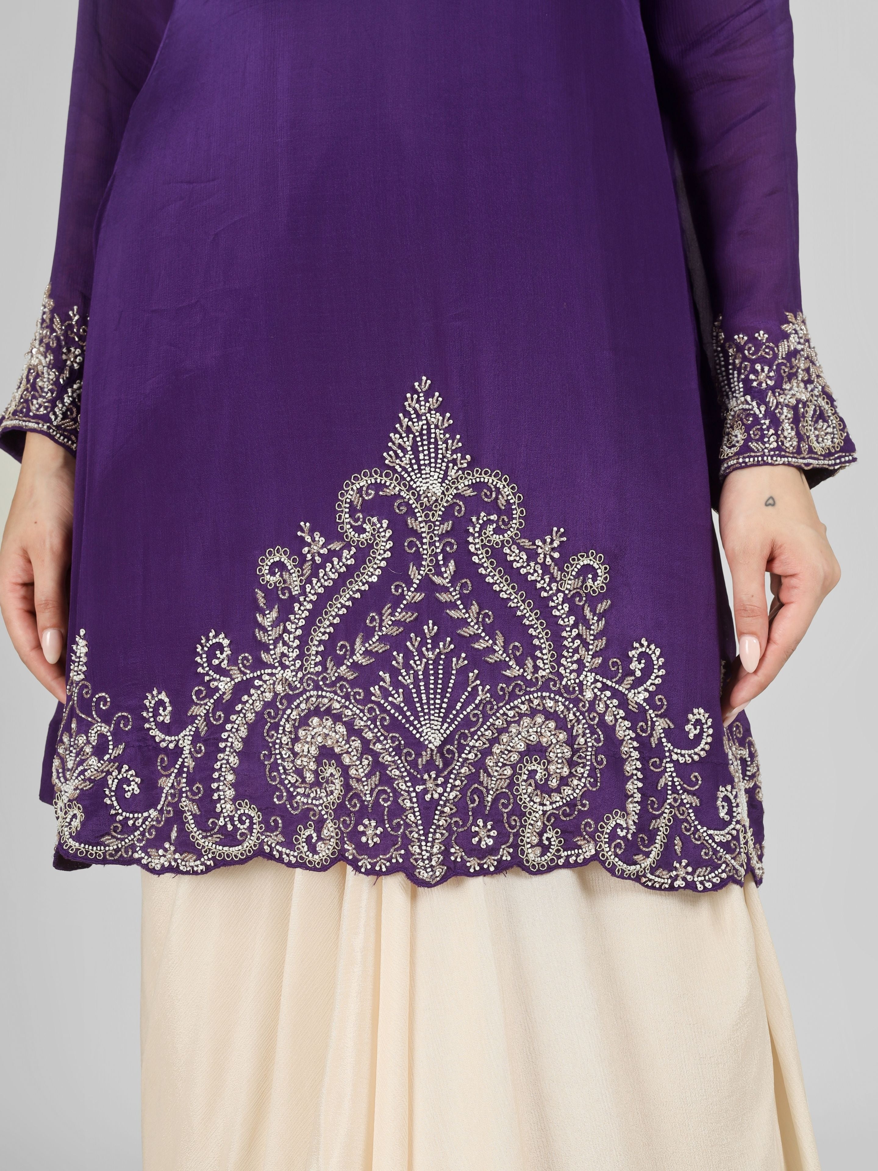 Purple Chinon Dhoti Suit Set with Cutdana, Sequins, Pearl and Dabka Embroidery