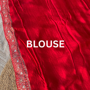 Red Satin Unstitched Saree with Dupatta Embellished with Zarkan, Dabka, Mirror, Sequins & Cutdana work
