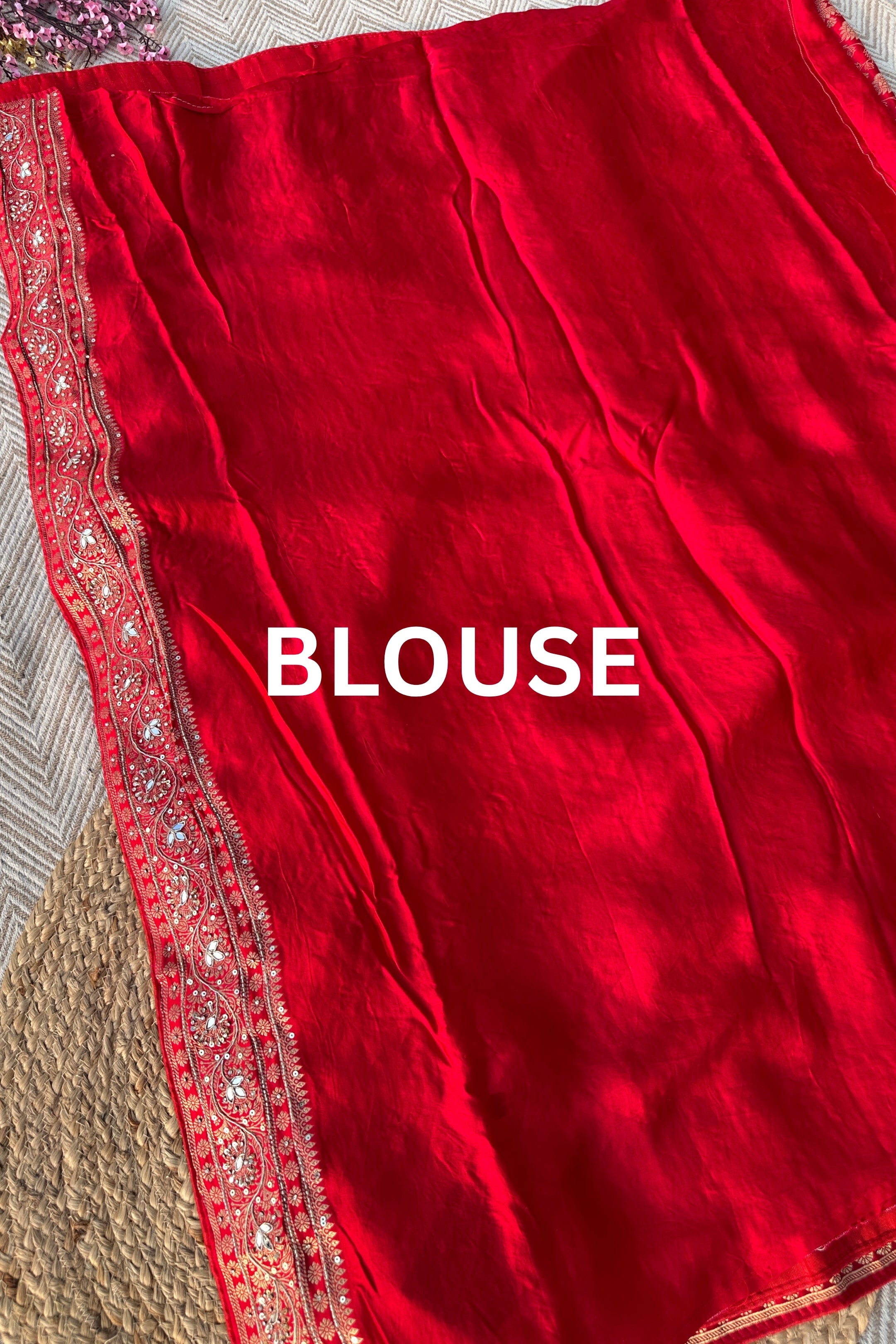 Red Satin Unstitched Saree with Dupatta Embellished with Zarkan, Dabka, Mirror, Sequins & Cutdana work