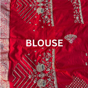 Red Rani Banarasi Satin Unstitched Saree Embellished With Zari, Moti, Sequins & Cutdana Work