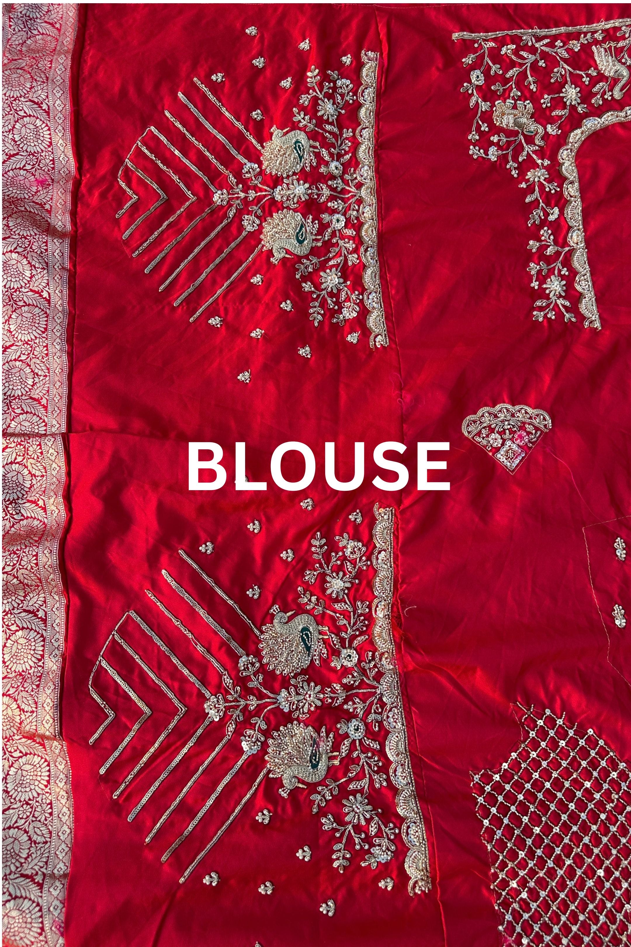 Red Rani Banarasi Satin Unstitched Saree Embellished With Zari, Moti, Sequins & Cutdana Work