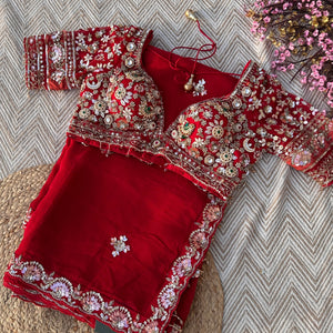 Red Organza Saree with Net Blouse Embellished With Moti, Kundan, Gutta, Dabka, Sequins & Cut Dana Work
