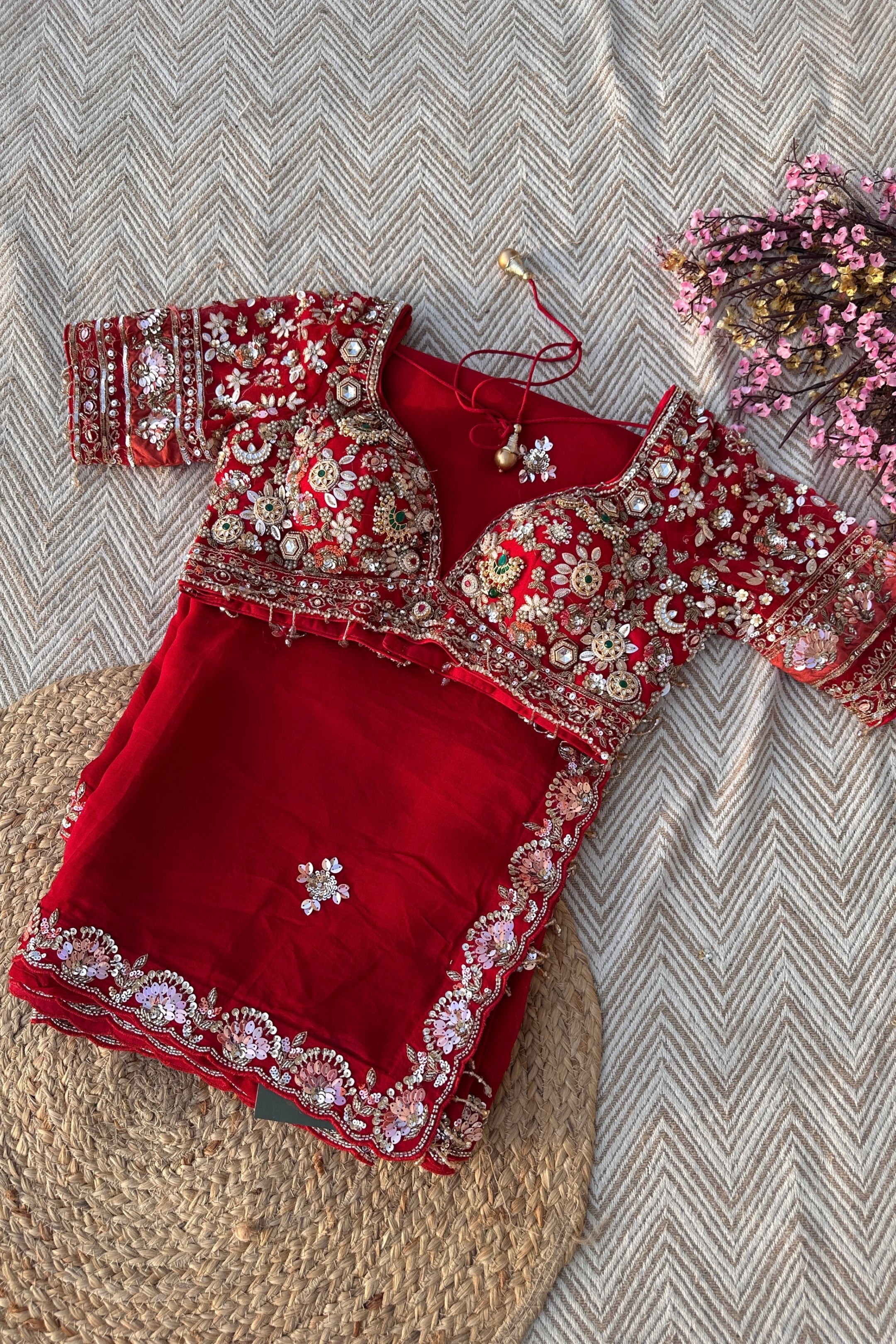 Red Organza Saree with Net Blouse Embellished With Moti, Kundan, Gutta, Dabka, Sequins & Cut Dana Work