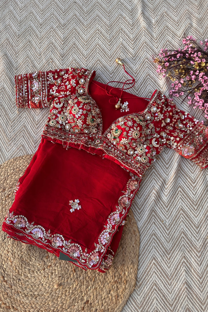 Red Organza Saree with Net Blouse Embellished With Moti, Kundan, Gutta, Dabka, Sequins & Cut Dana Work