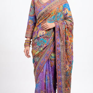 Multicolour Chinon Saree Embellished With Chandala, Mirror, Sequins & Pearl Work