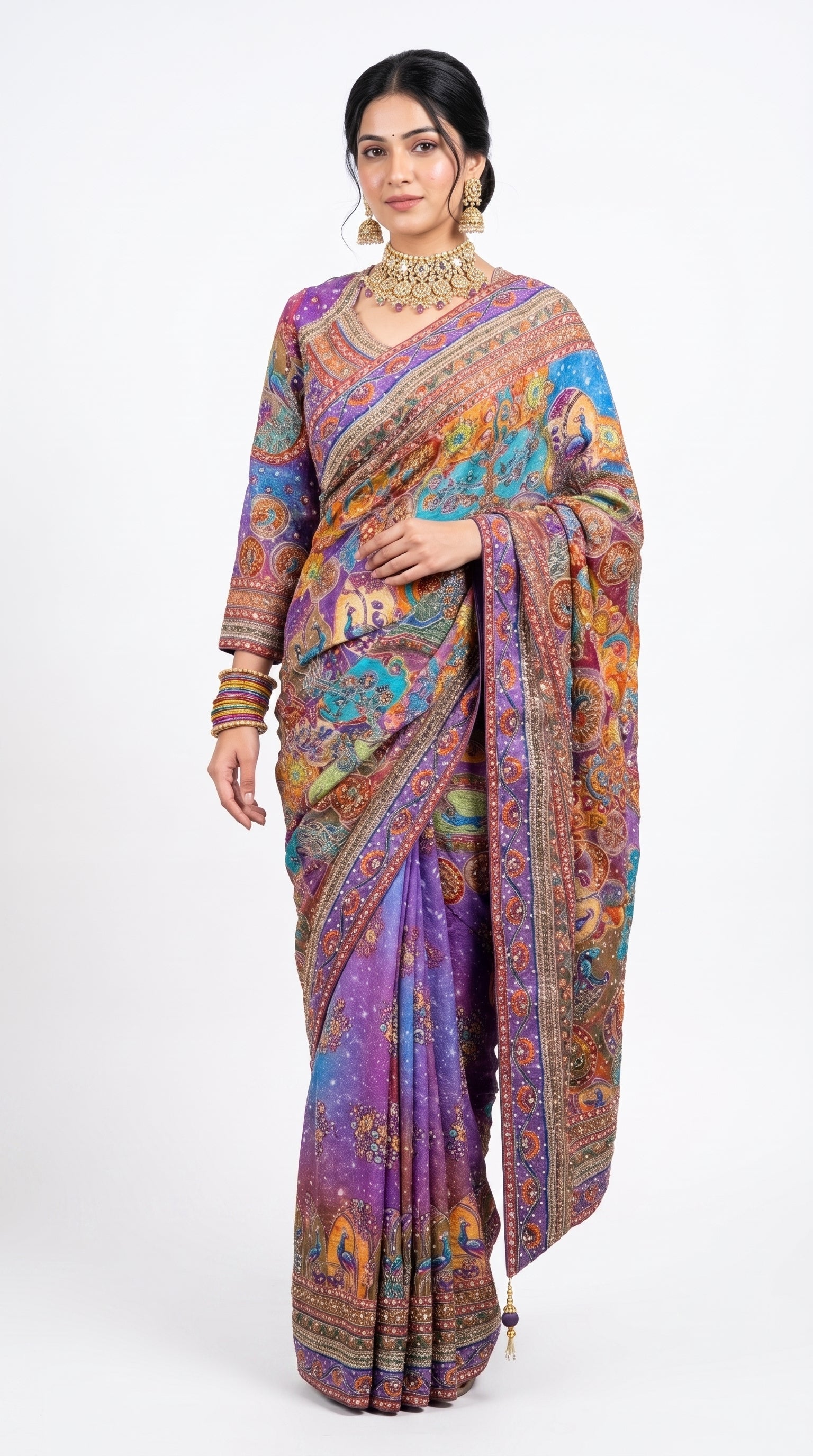 Multicolour Chinon Saree Embellished With Chandala, Mirror, Sequins & Pearl Work