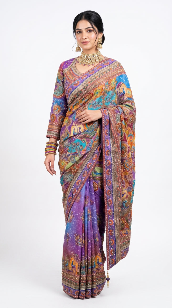 Multicolour Chinon Saree Embellished With Chandala, Mirror, Sequins & Pearl Work