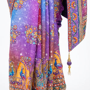 Multicolour Chinon Saree Embellished With Chandala, Mirror, Sequins & Pearl Work