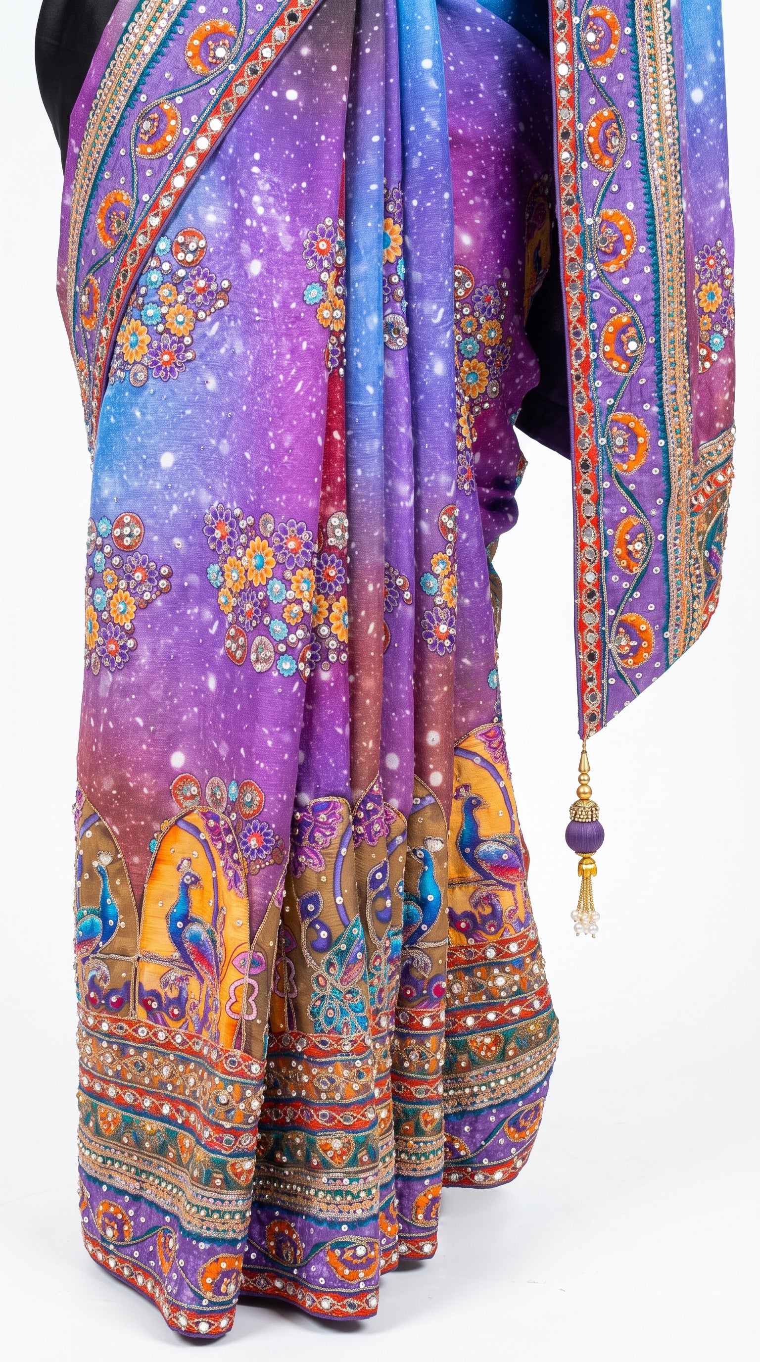 Multicolour Chinon Saree Embellished With Chandala, Mirror, Sequins & Pearl Work