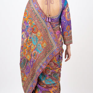 Multicolour Chinon Saree Embellished With Chandala, Mirror, Sequins & Pearl Work