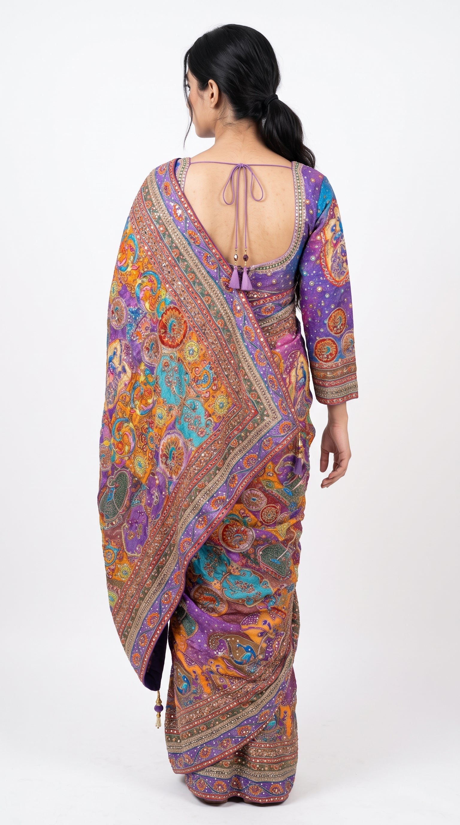Multicolour Chinon Saree Embellished With Chandala, Mirror, Sequins & Pearl Work
