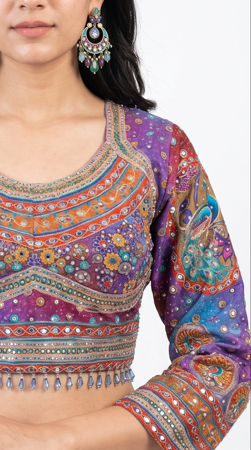 Multicolour Chinon Saree Embellished With Chandala, Mirror, Sequins & Pearl Work