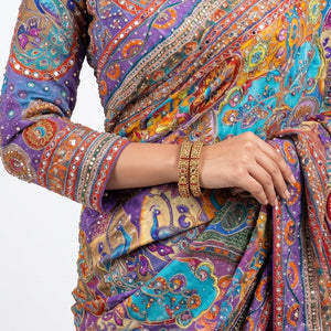 Multicolour Chinon Saree Embellished With Chandala, Mirror, Sequins & Pearl Work