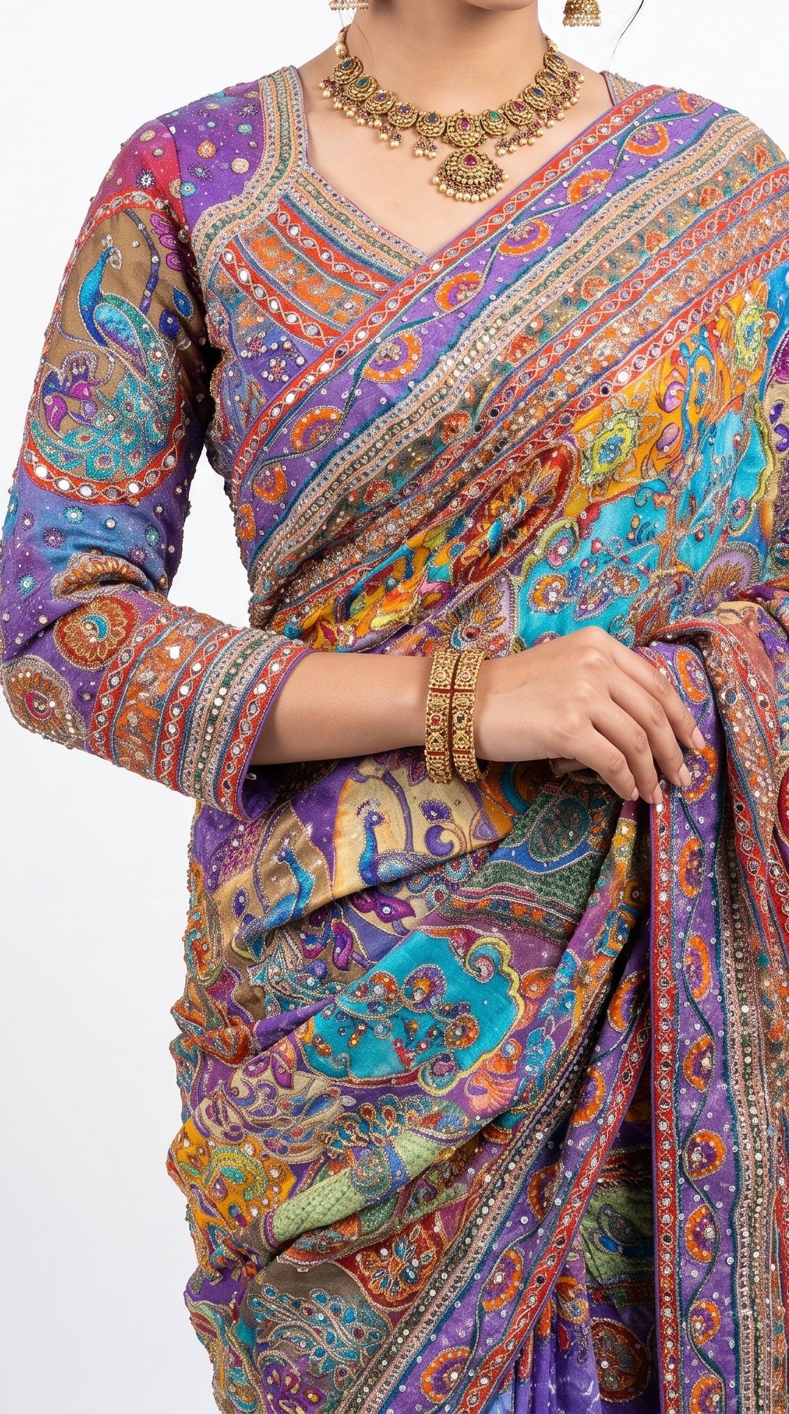 Multicolour Chinon Saree Embellished With Chandala, Mirror, Sequins & Pearl Work