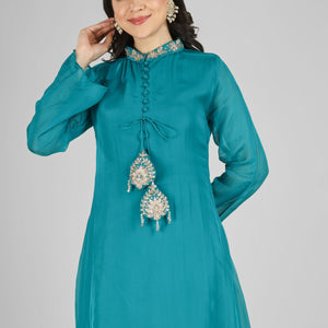 Firozi Organza Indo Western with Cutdana & Sequins Work