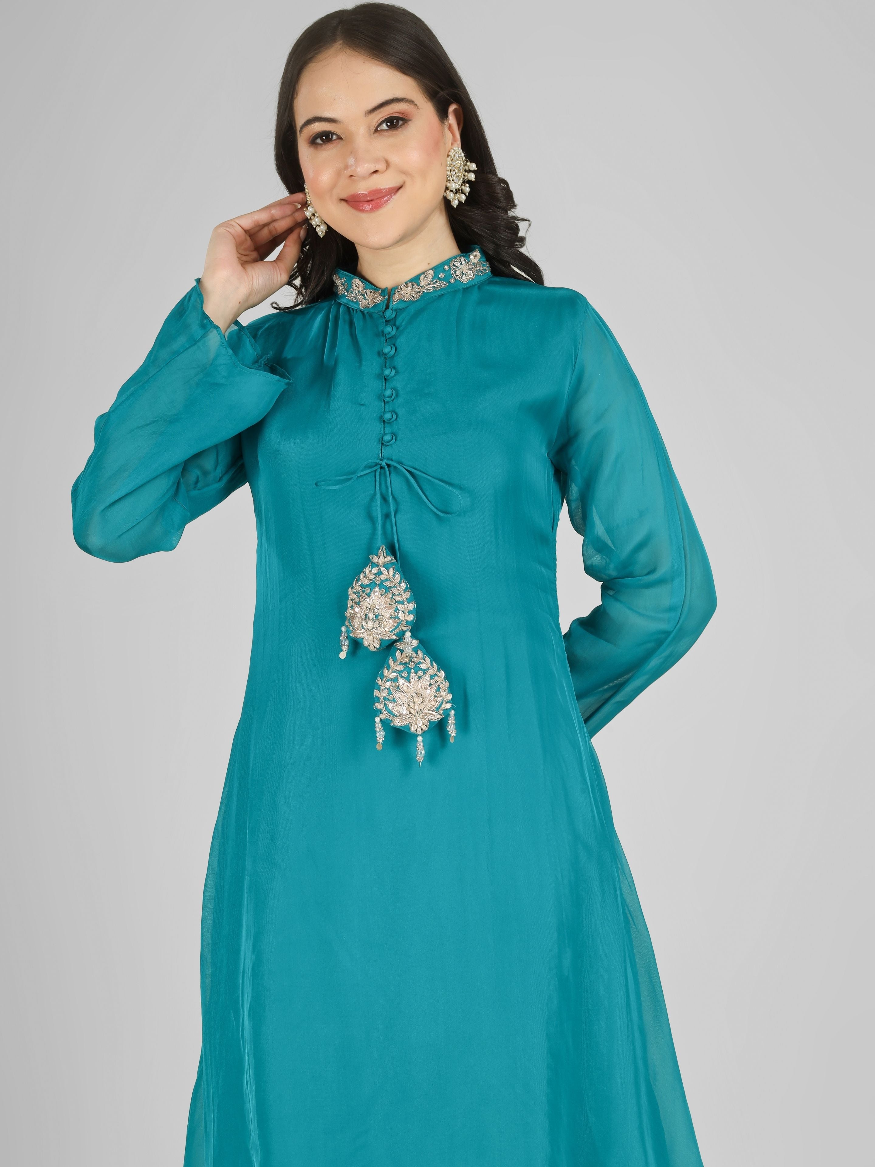 Firozi Organza Indo Western with Cutdana & Sequins Work