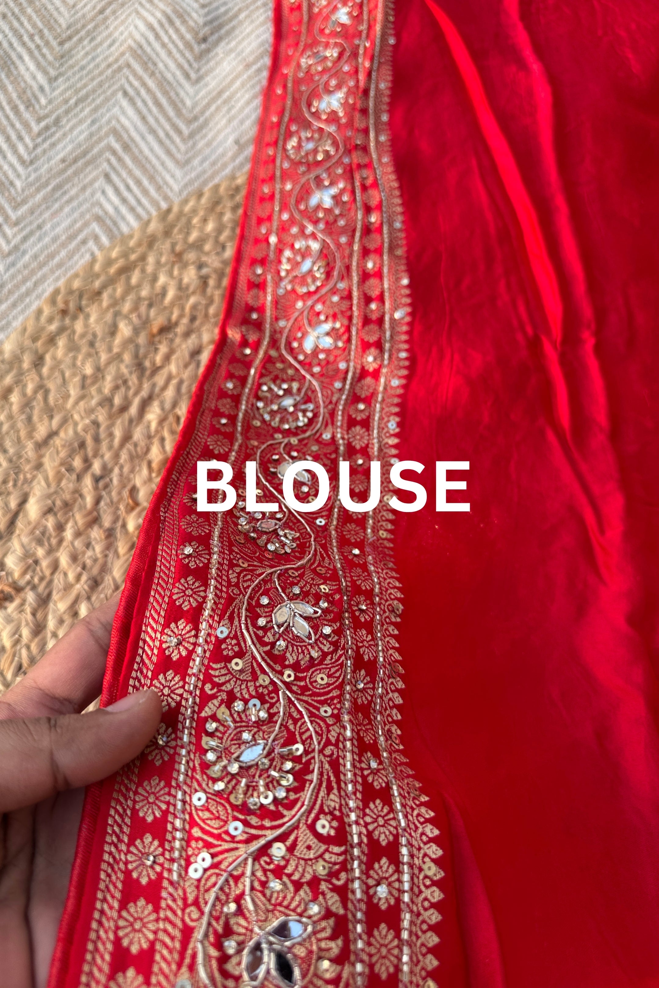 Red Satin Unstitched Saree with Dupatta Embellished with Zarkan, Dabka, Mirror, Sequins & Cutdana work