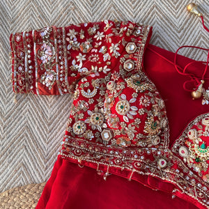 Red Organza Saree with Net Blouse Embellished With Moti, Kundan, Gutta, Dabka, Sequins & Cut Dana Work