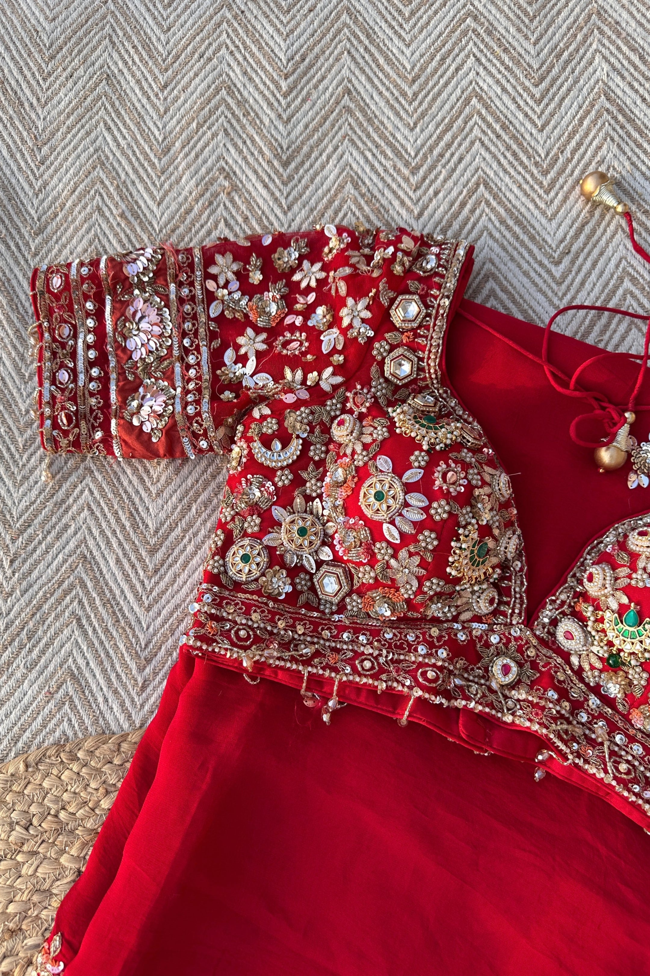 Red Organza Saree with Net Blouse Embellished With Moti, Kundan, Gutta, Dabka, Sequins & Cut Dana Work